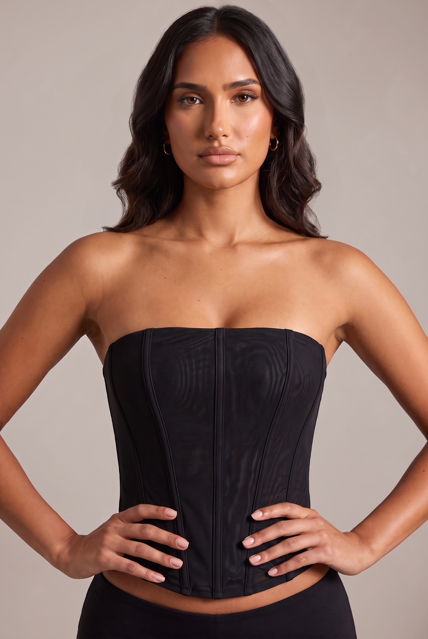Kovelle strapless mesh bustier in black, close-up detail on model
