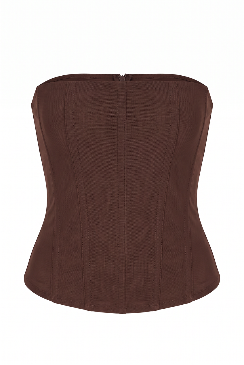 Kovelle strapless mesh bustier in chocolate, flat product view