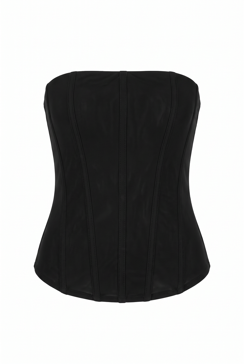 Kovelle strapless mesh bustier in black, flat product view showing the full garment
