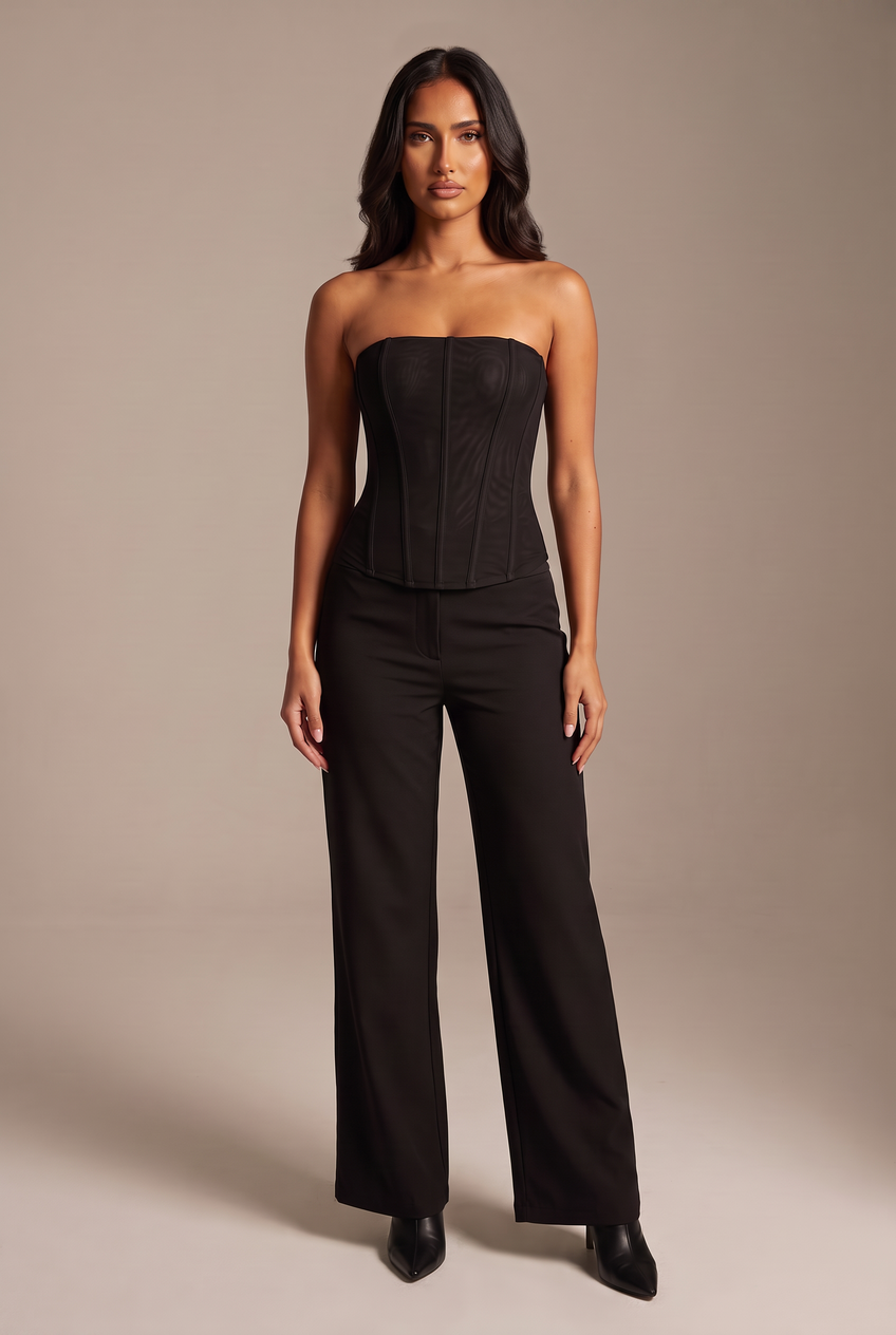 Kovelle strapless mesh bustier in black, front view on model