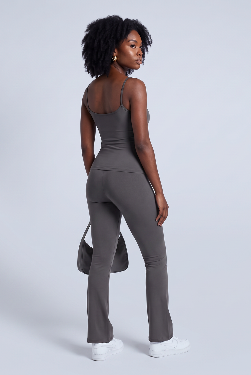 Kovelle strappy sculpt vest in dark grey, back view on model