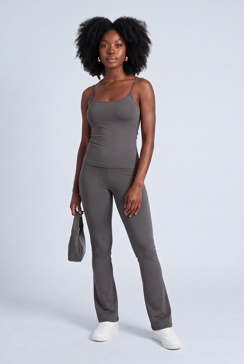 Kovelle strappy sculpt vest in dark grey, full length on model