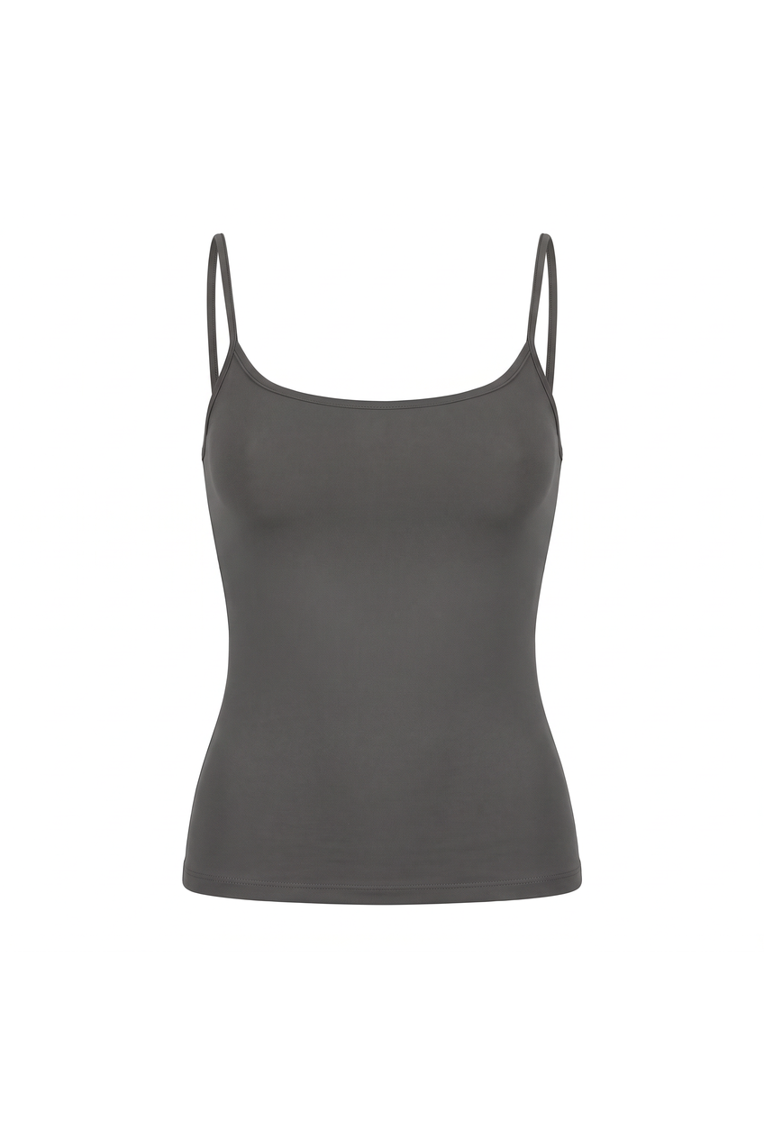 Kovelle strappy sculpt vest in dark grey, flat product view showing the full garment