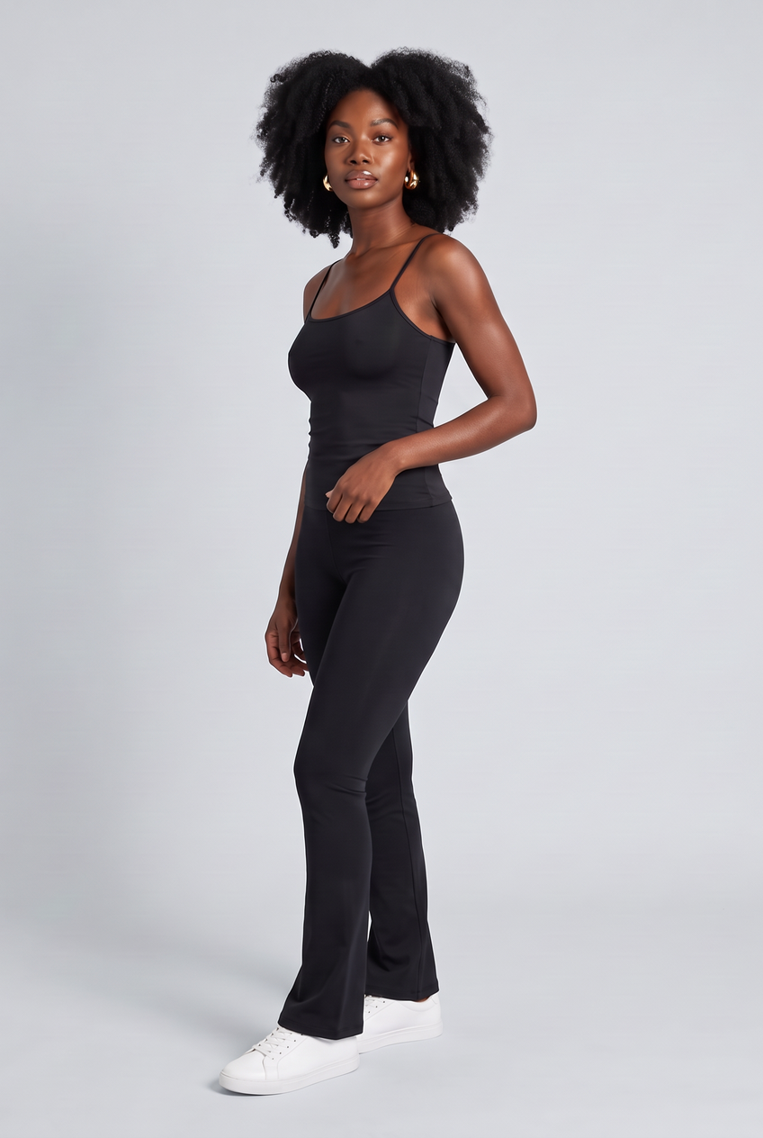Kovelle strappy sculpt vest in black, front view on model