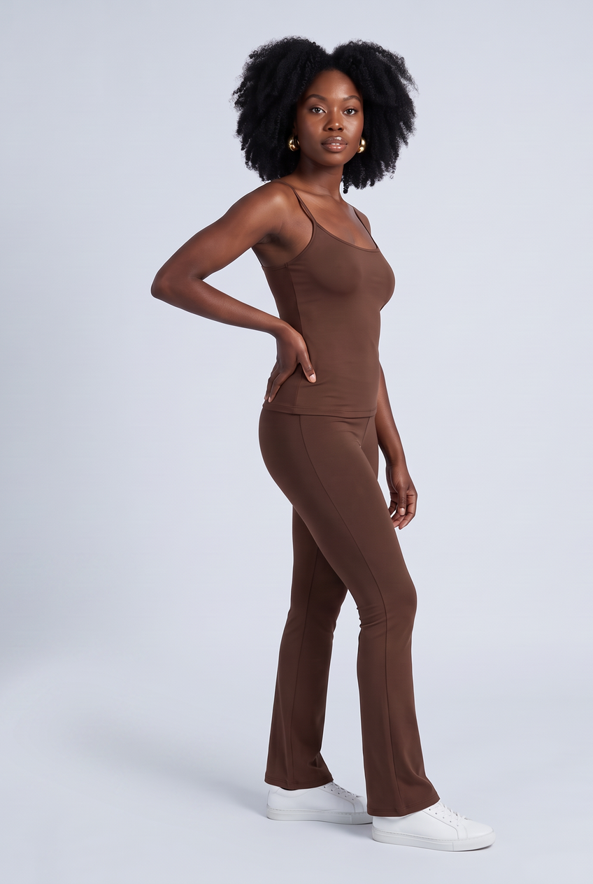 Kovelle strappy sculpt vest in chocolate, front view on model