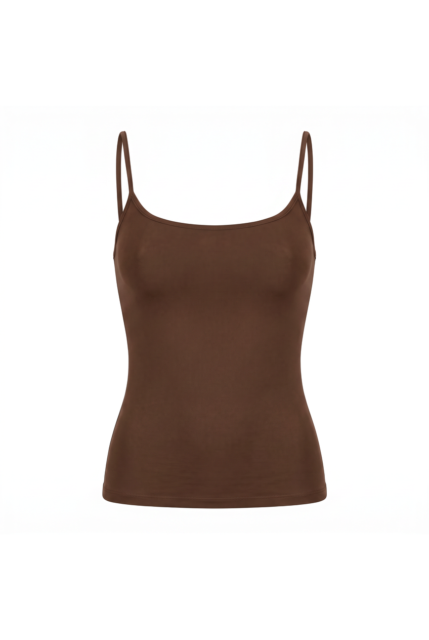 Kovelle strappy sculpt vest in chocolate, flat product view