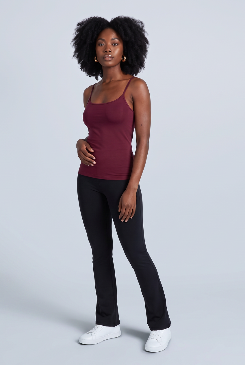 Kovelle strappy sculpt vest in burgundy, front view on model