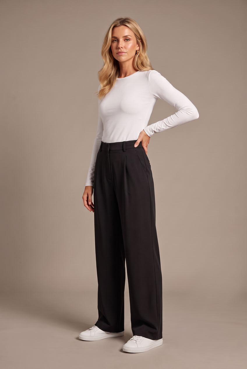 Kovelle stretch tailored work trousers in black, front view on model