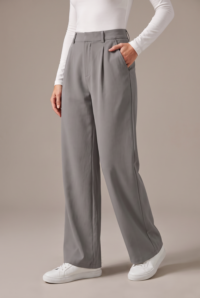 Kovelle stretch tailored work trousers in grey, close-up detail on model