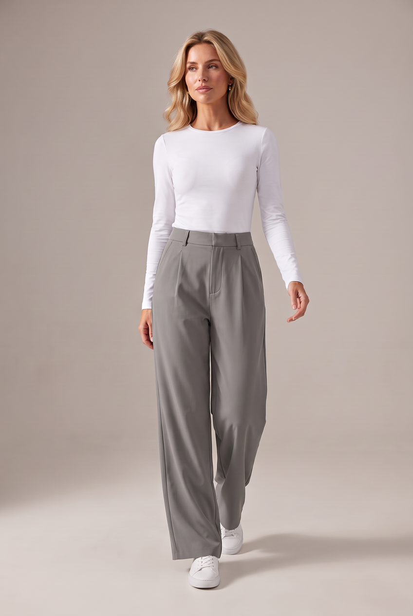 Kovelle stretch tailored work trousers in grey, walking, full length on model