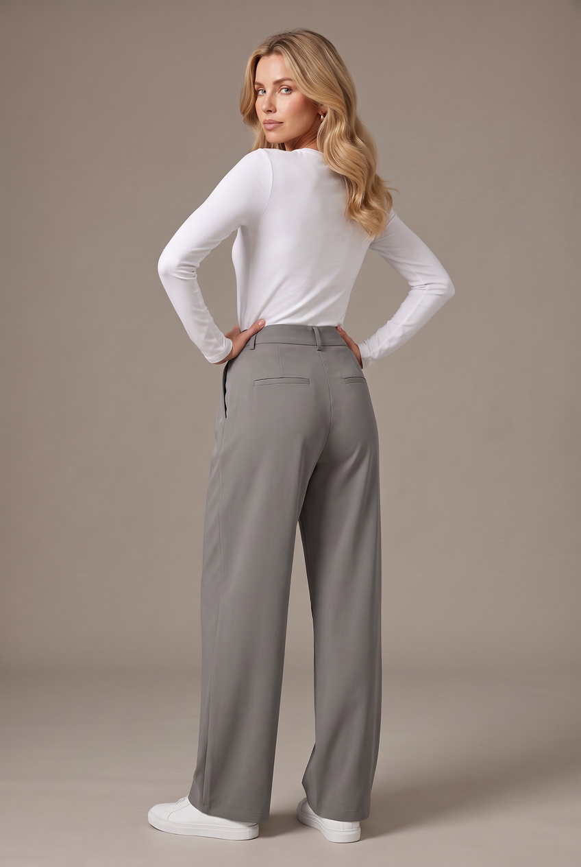 Kovelle stretch tailored work trousers in grey, back view on model