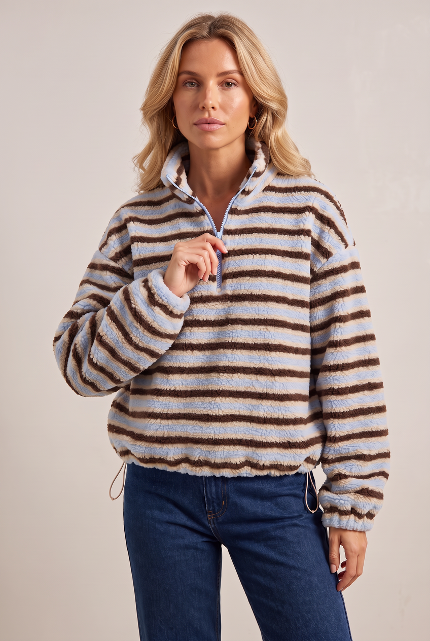 Kovelle striped sherpa half zip in blue stripe, close-up detail on model