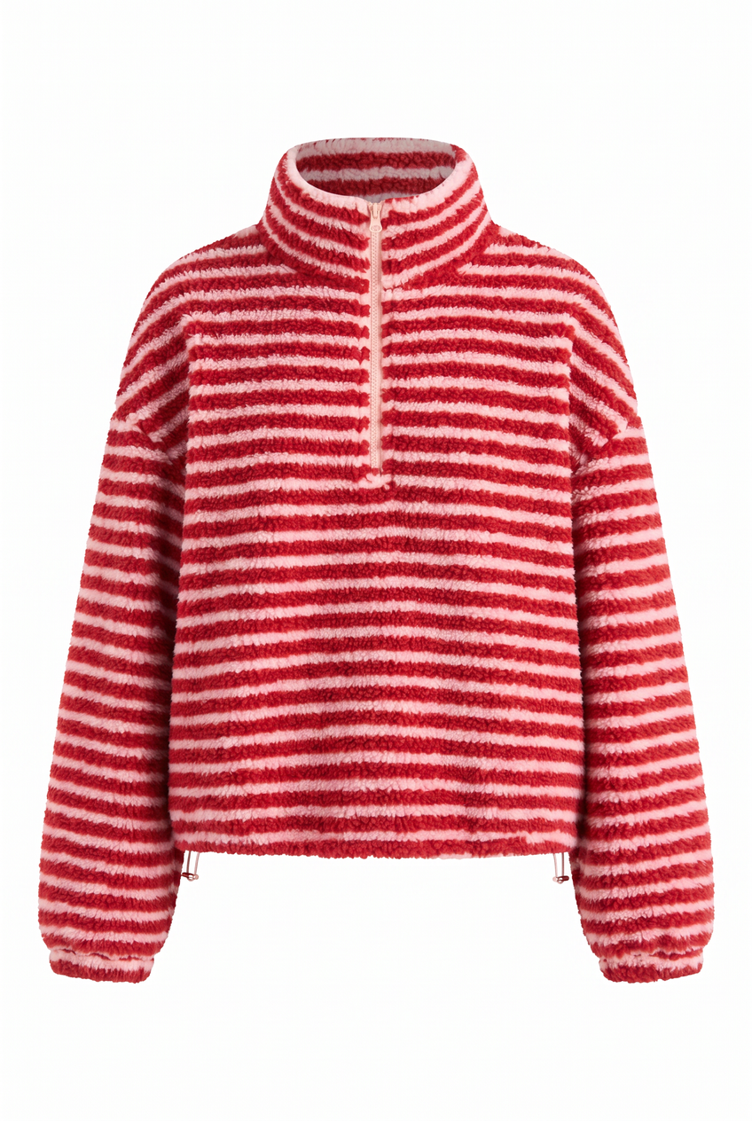 Kovelle striped sherpa half zip in red stripe, flat product view