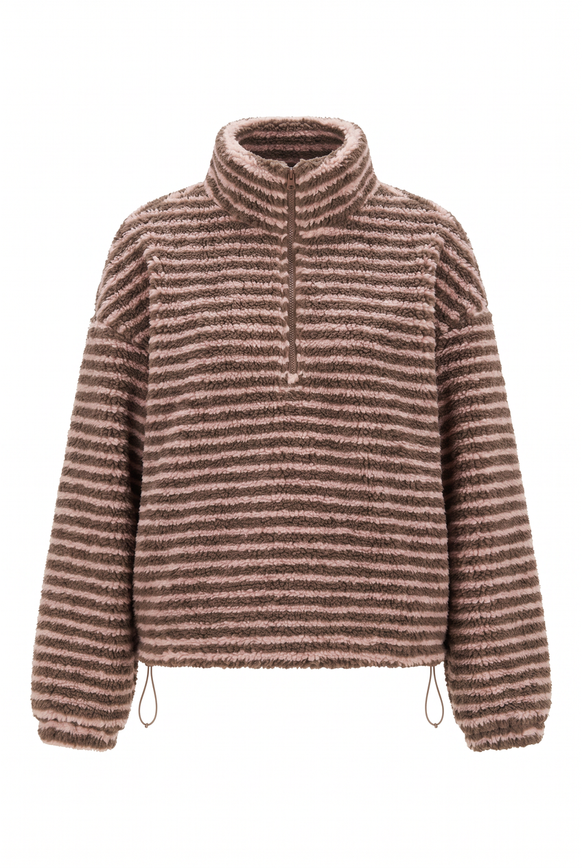 Kovelle striped sherpa half zip in taupe stripe, flat product view