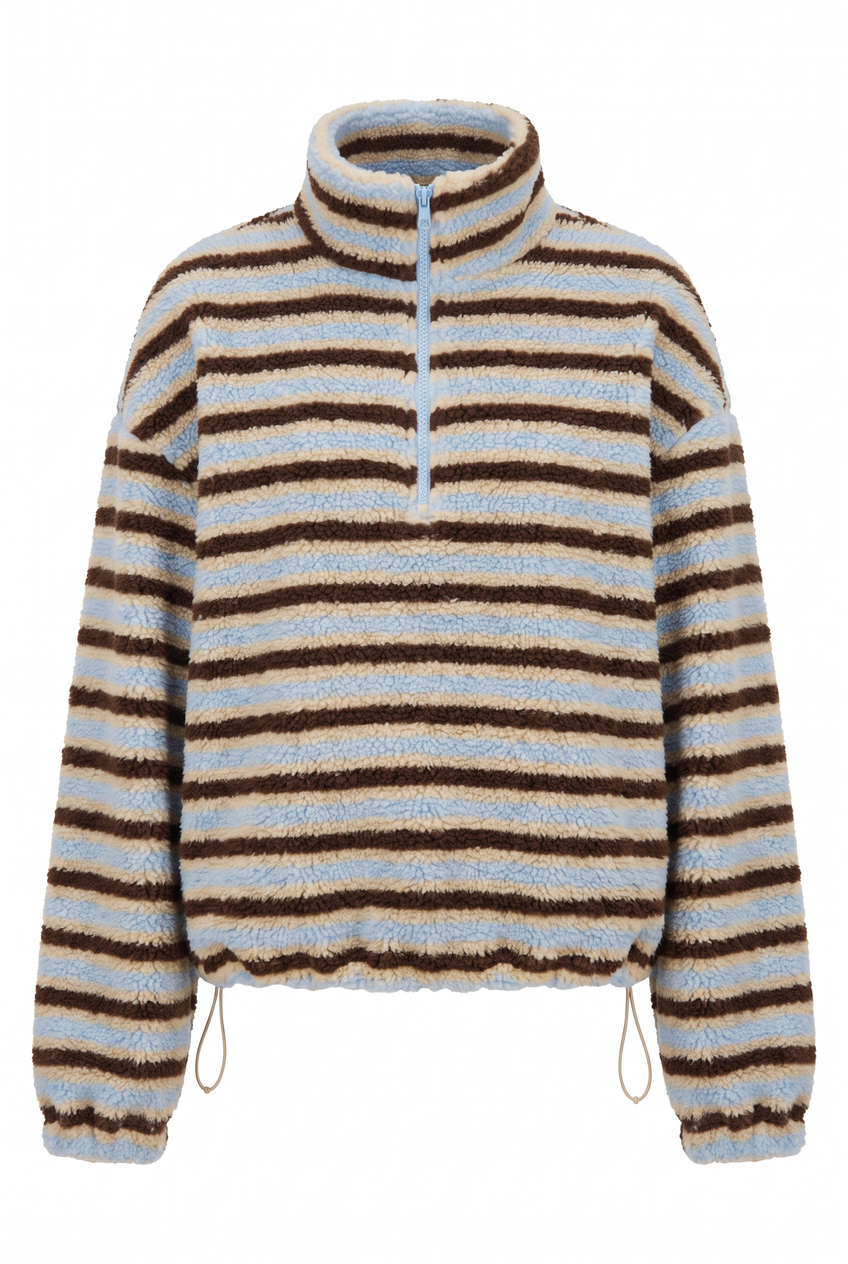 Kovelle striped sherpa half zip in blue stripe, flat product view showing the full garment