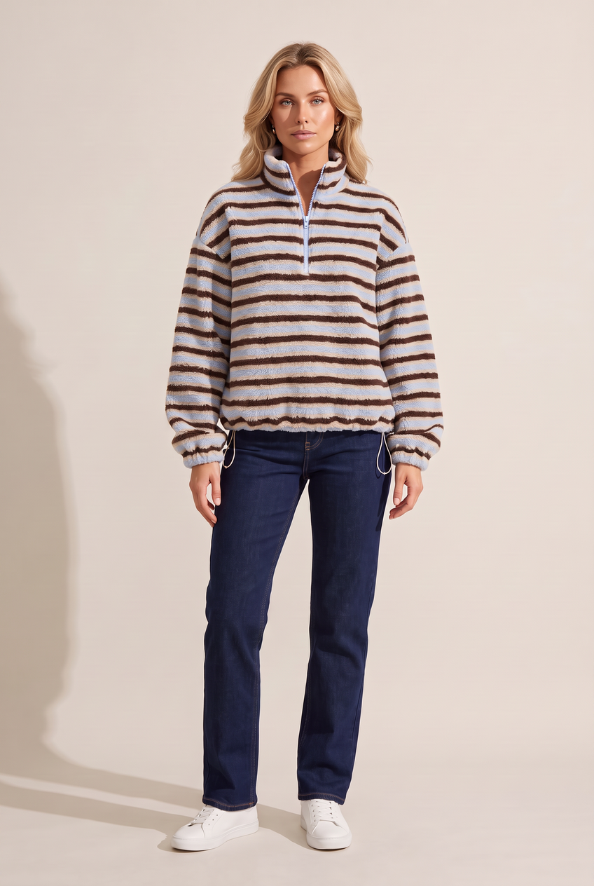 Kovelle striped sherpa half zip in blue stripe, front view on model