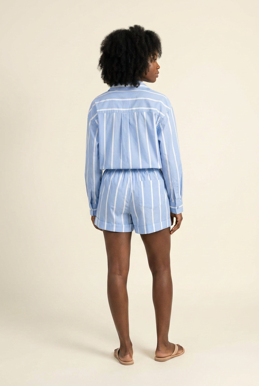 Kovelle striped shirt and shorts set in blue, back view on model