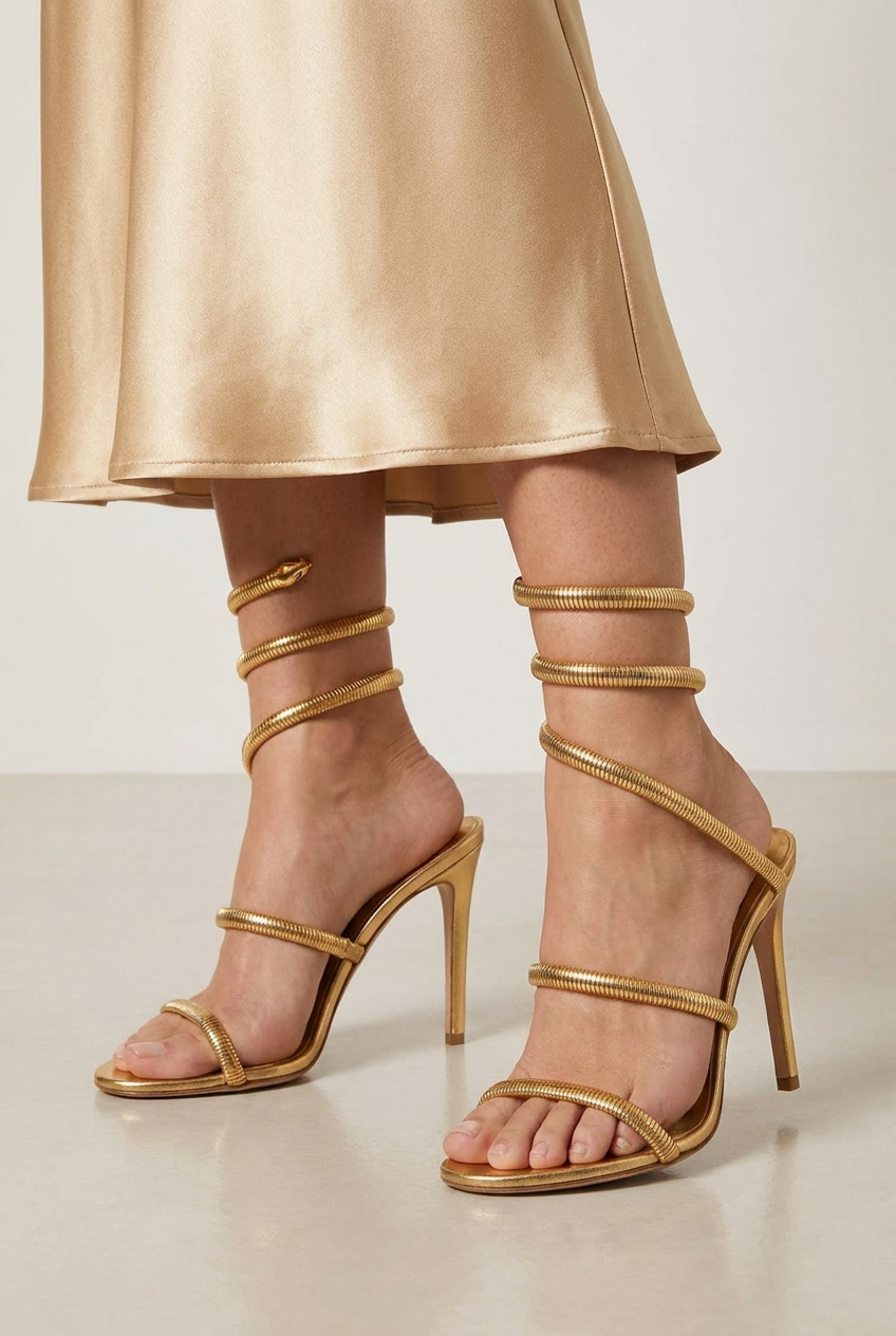Coil Strap Heel in gold, worn