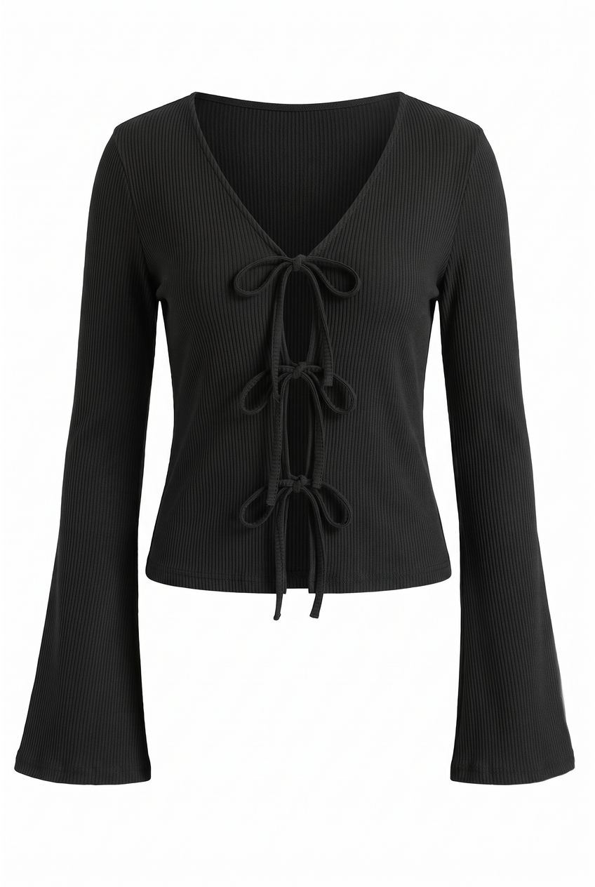 Kovelle tie front knit top in black, flat product view