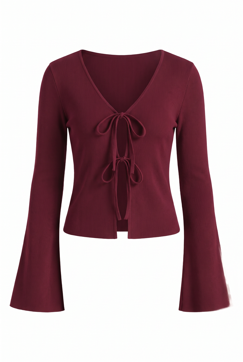 Kovelle tie front knit top in burgundy, flat product view