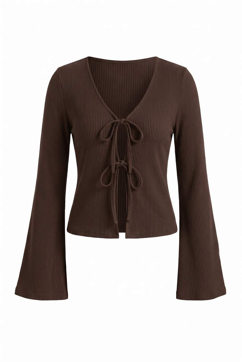 Kovelle tie front knit top in chocolate, flat product view showing the full garment