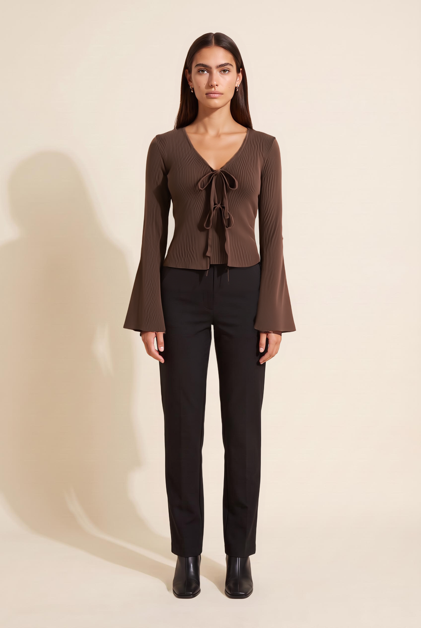 Kovelle tie front knit top in chocolate, front view on model