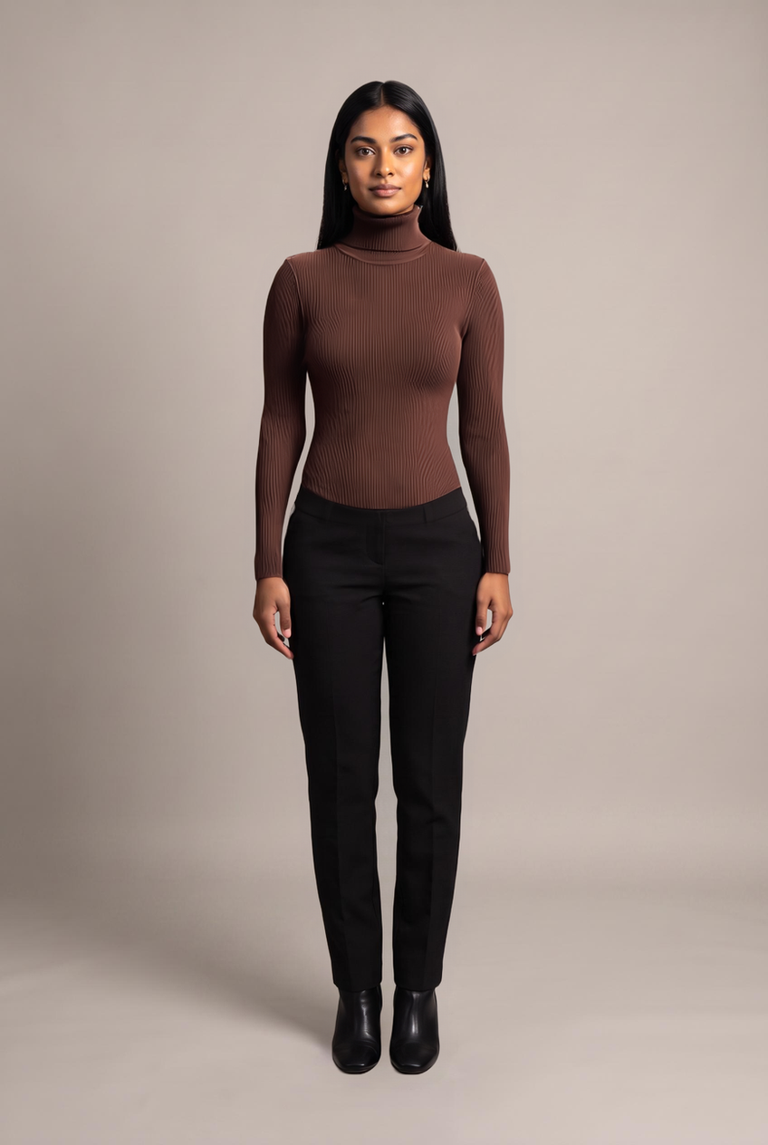 Kovelle turtleneck knit jumper in chocolate, front view on model