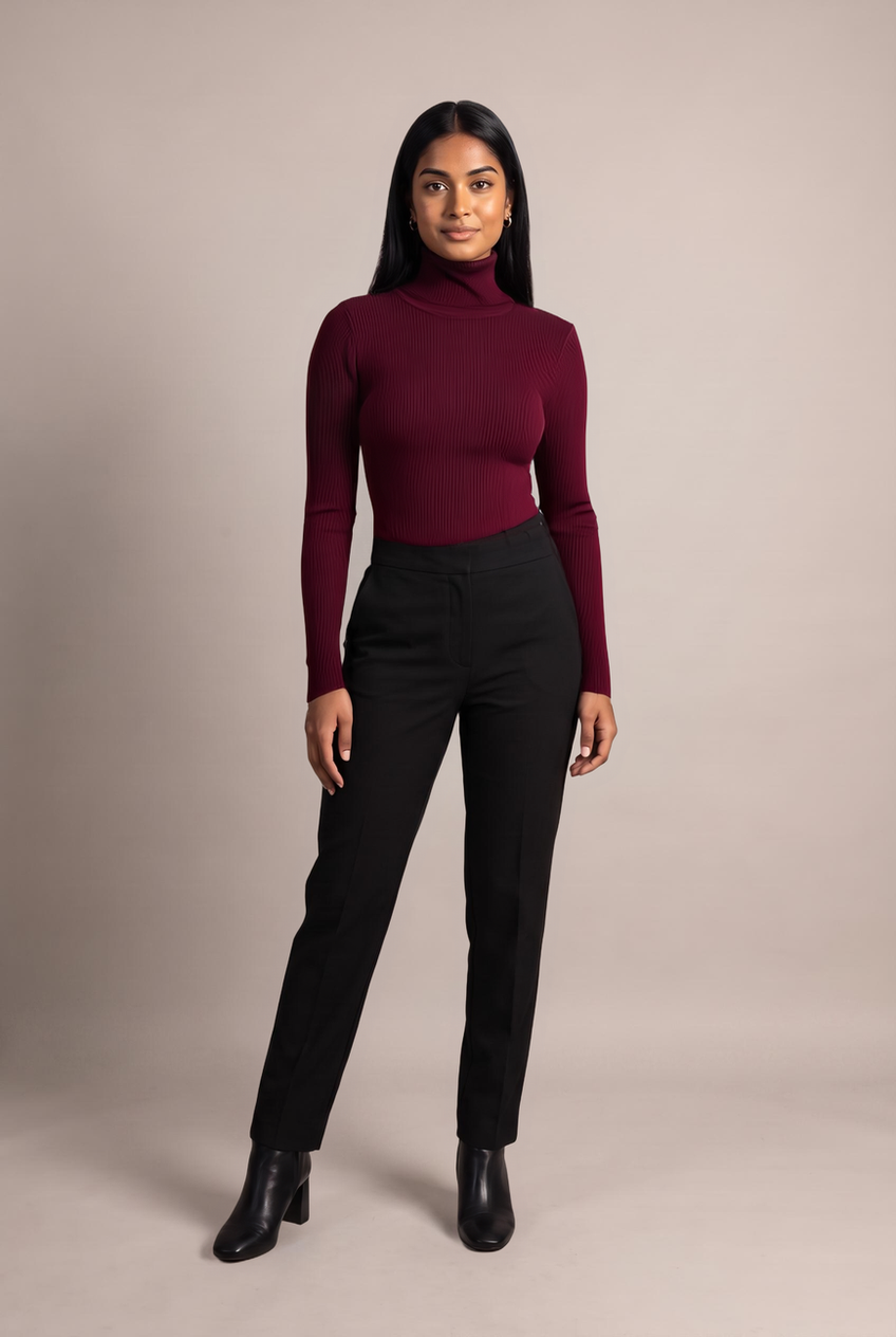 Kovelle turtleneck knit jumper in burgundy, front view on model