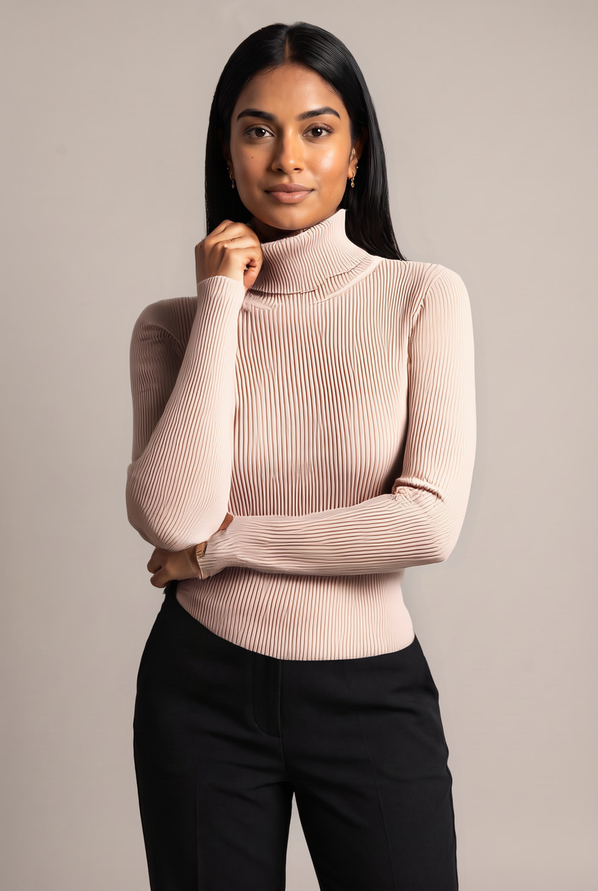 Kovelle turtleneck knit jumper in beige, close-up detail on model