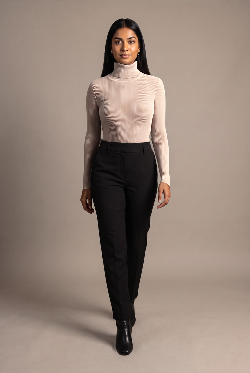 Kovelle turtleneck knit jumper in beige, walking, full length on model