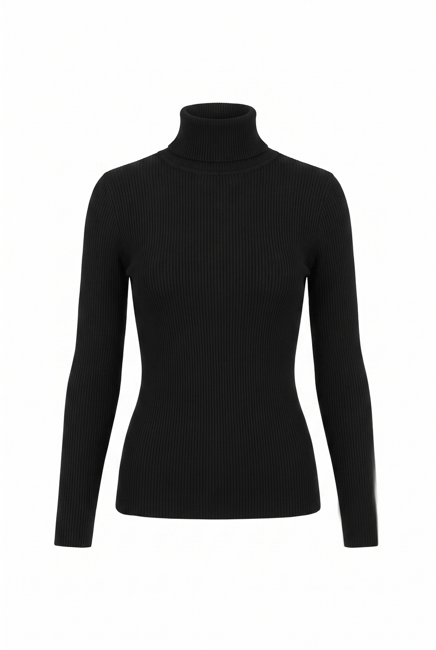 Kovelle turtleneck knit jumper in black, flat product view