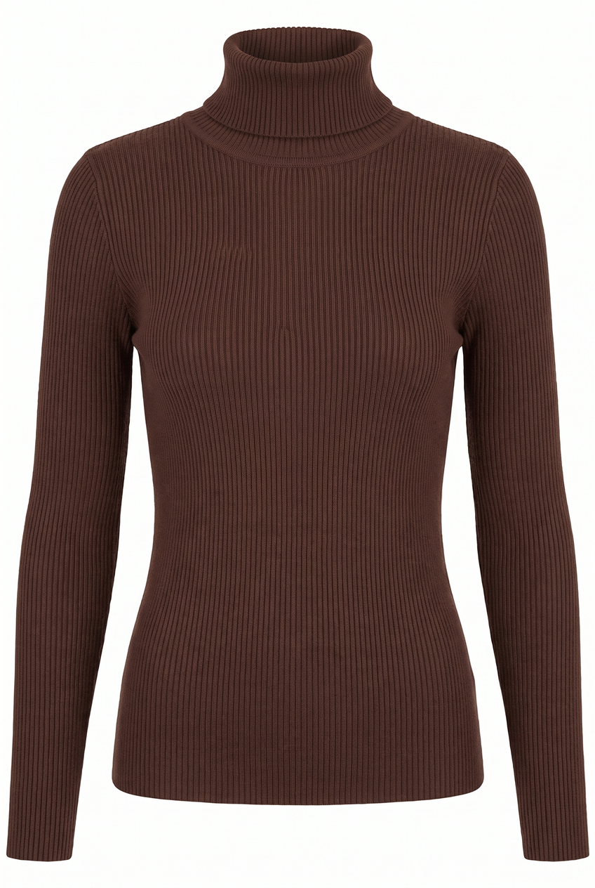 Kovelle turtleneck knit jumper in chocolate, flat product view