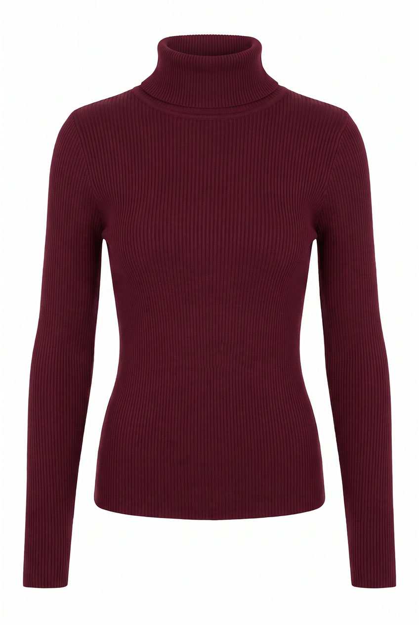 Kovelle turtleneck knit jumper in burgundy, flat product view