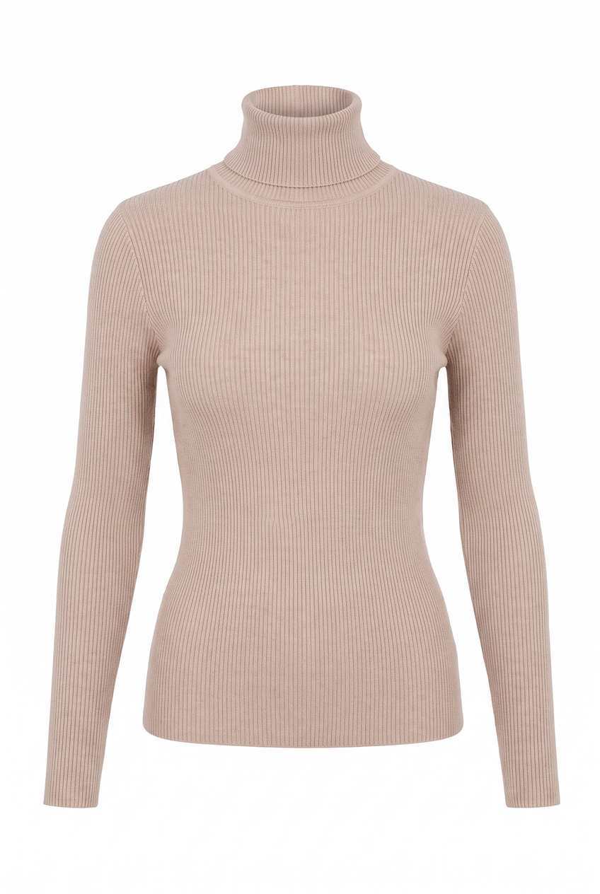 Kovelle turtleneck knit jumper in beige, flat product view showing the full garment