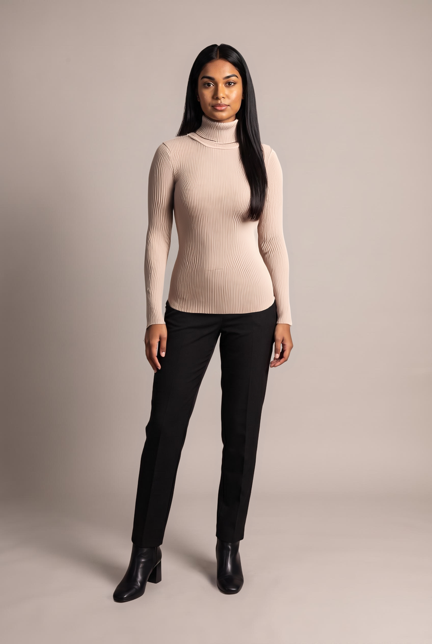 Kovelle turtleneck knit jumper in beige, front view on model