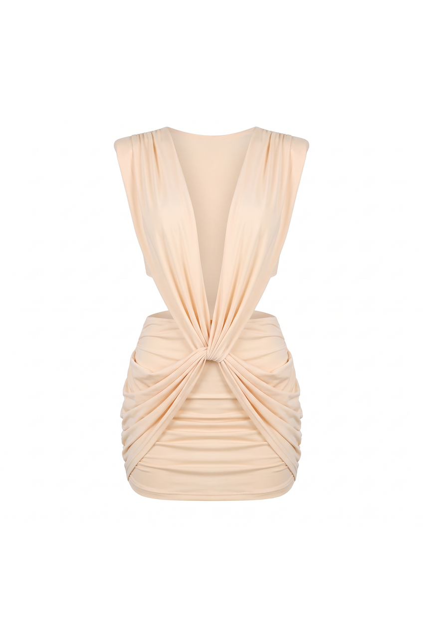 Kovelle twist plunge mini dress in cream, flat product view showing the full garment