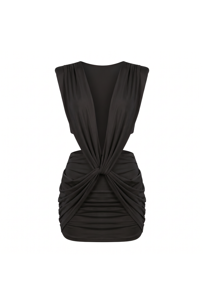 Kovelle twist plunge mini dress in black, flat product view
