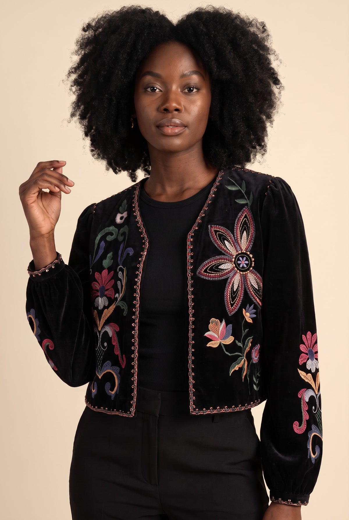 Kovelle velvet embroidered jacket in black, close-up detail on model