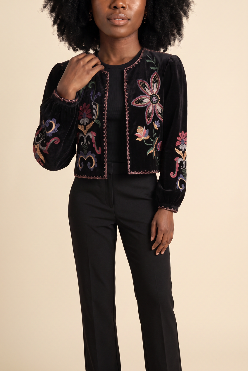 Kovelle velvet embroidered jacket in black, close-up detail on model