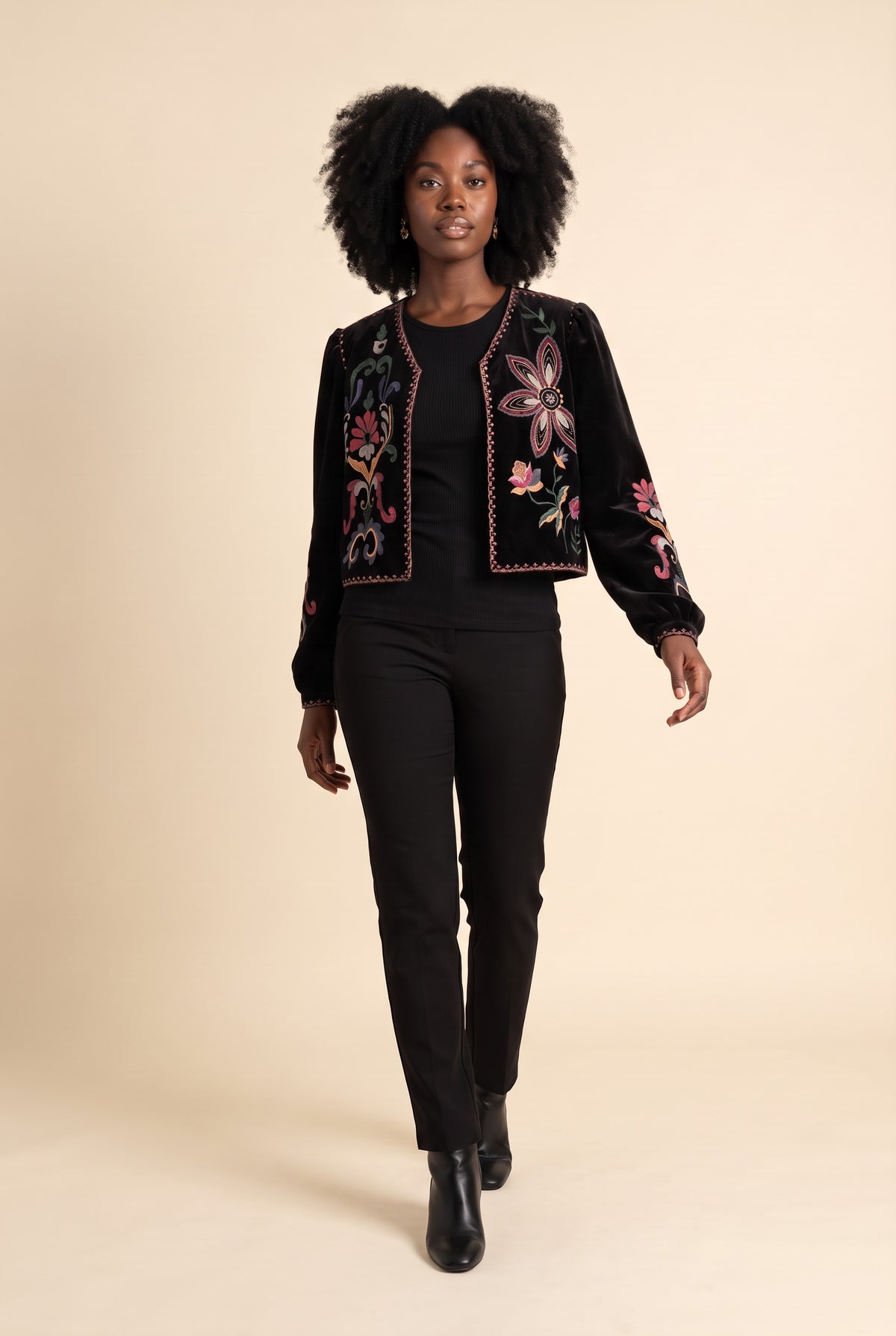 Kovelle velvet embroidered jacket in black, walking, full length on model