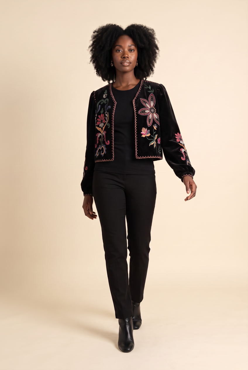 Kovelle velvet embroidered jacket in black, walking, full length on model
