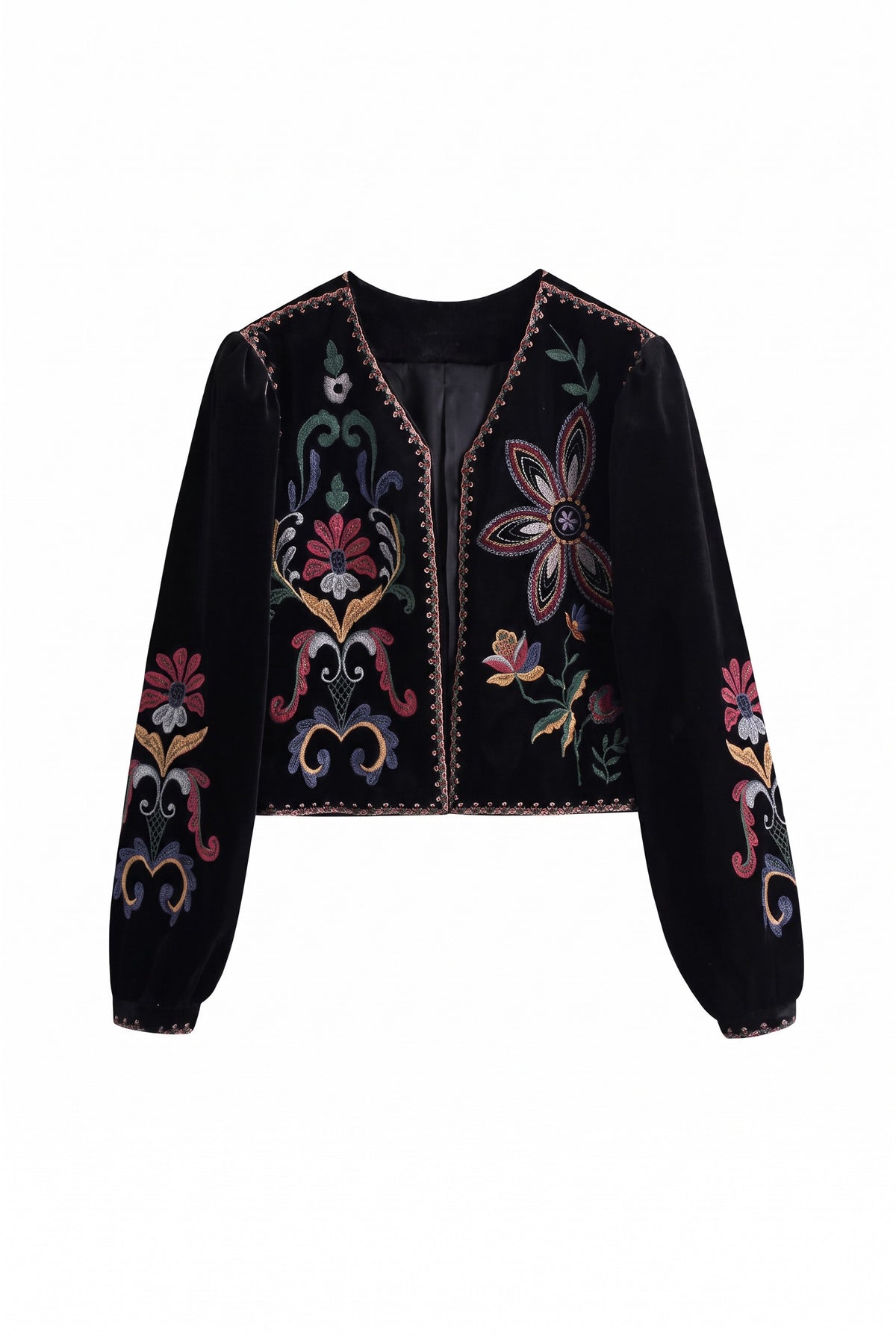 Kovelle velvet embroidered jacket in black, flat product view showing the full garment