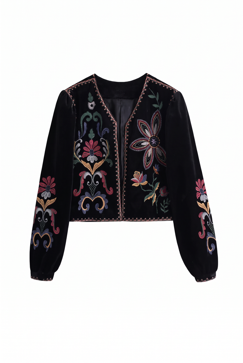 Kovelle velvet embroidered jacket in black, flat product view showing the full garment