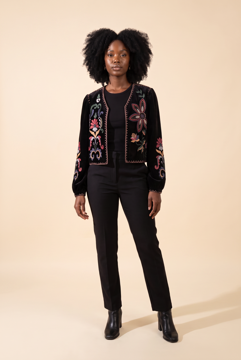 Kovelle velvet embroidered jacket in black, front view on model