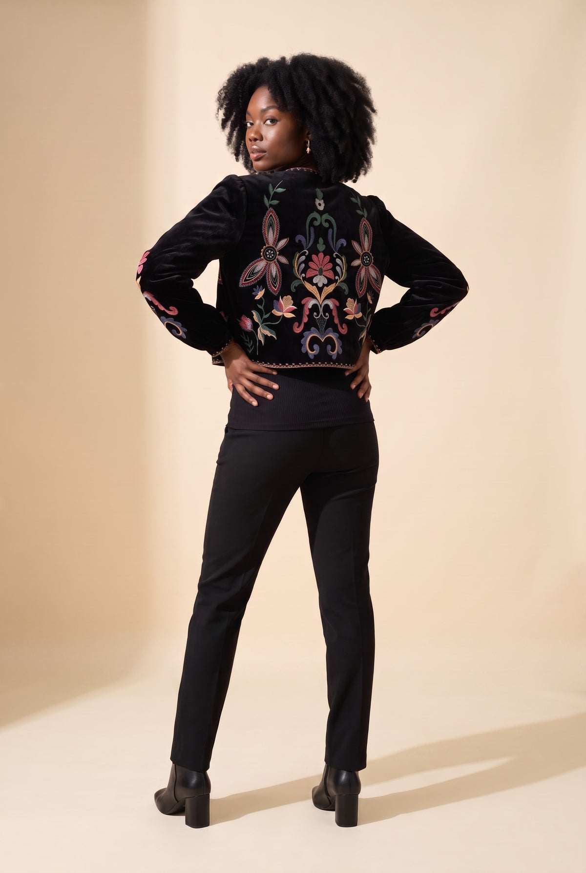 Kovelle velvet embroidered jacket in black, back view on model