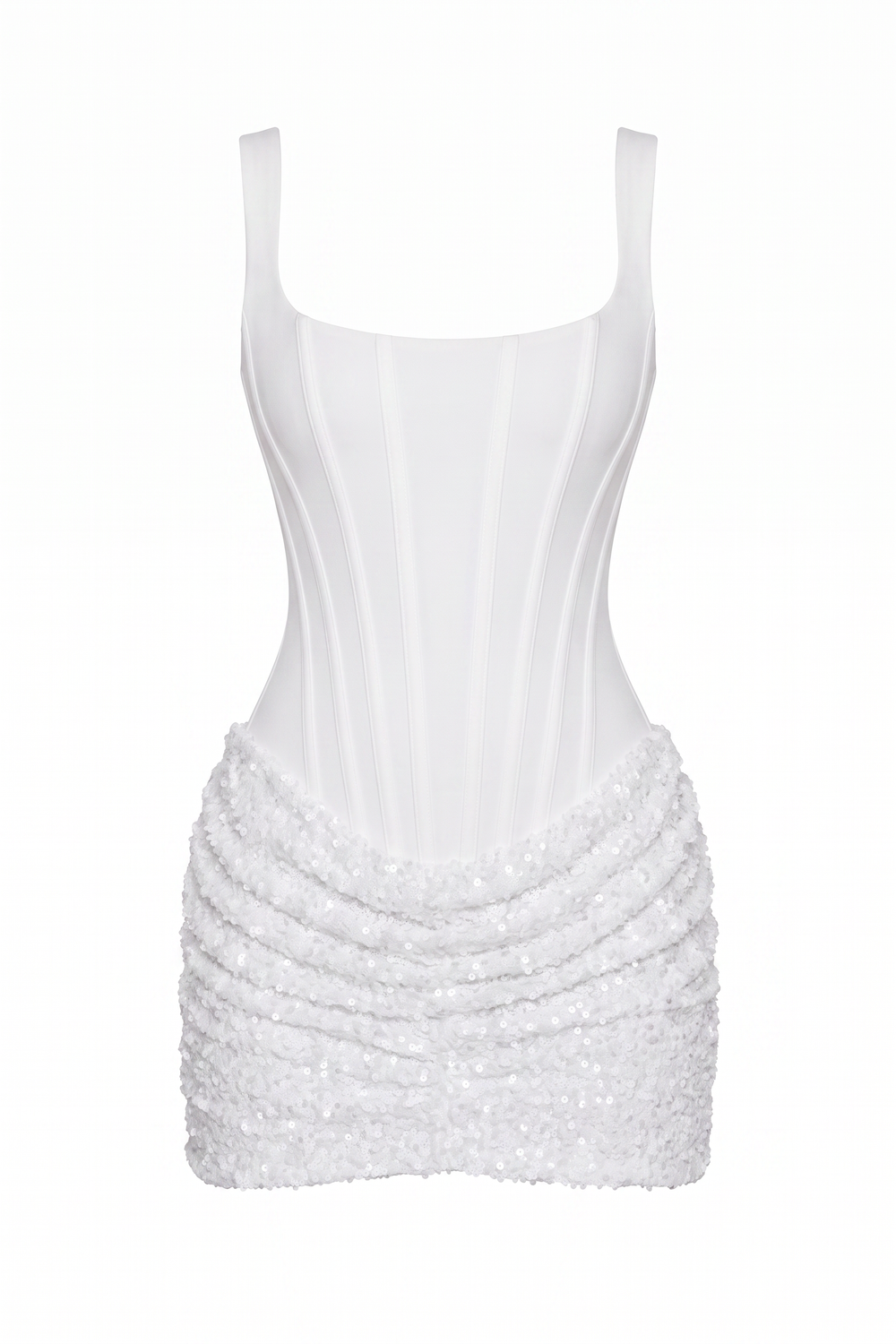 The Kovelle White Sequin Corset Mini Dress photographed on its own against a white background