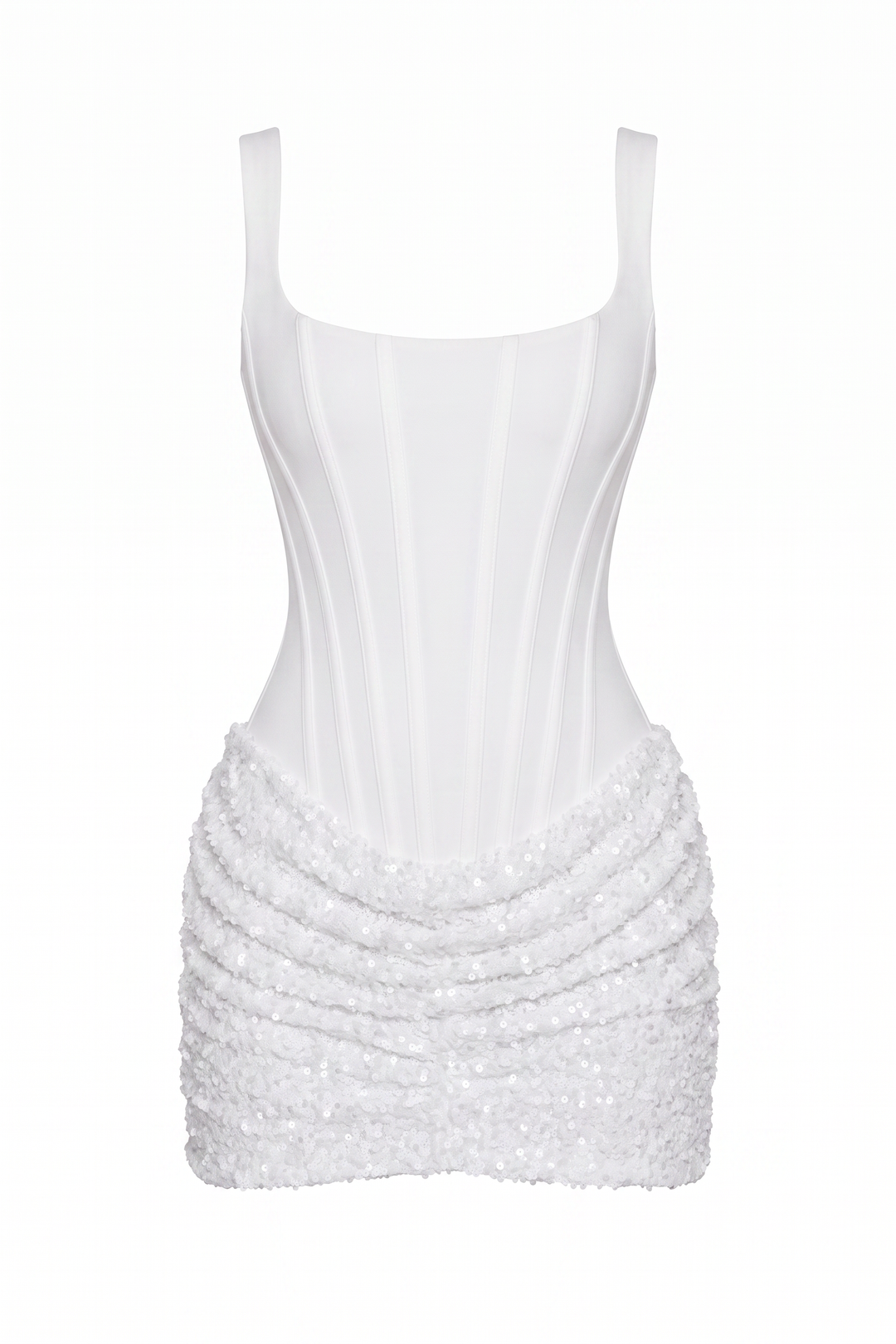 The Kovelle White Sequin Corset Mini Dress photographed on its own against a white background