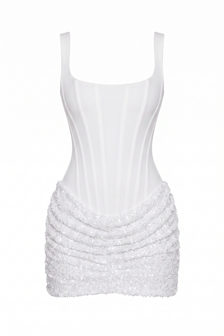 The Kovelle White Sequin Corset Mini Dress photographed on its own against a white background
