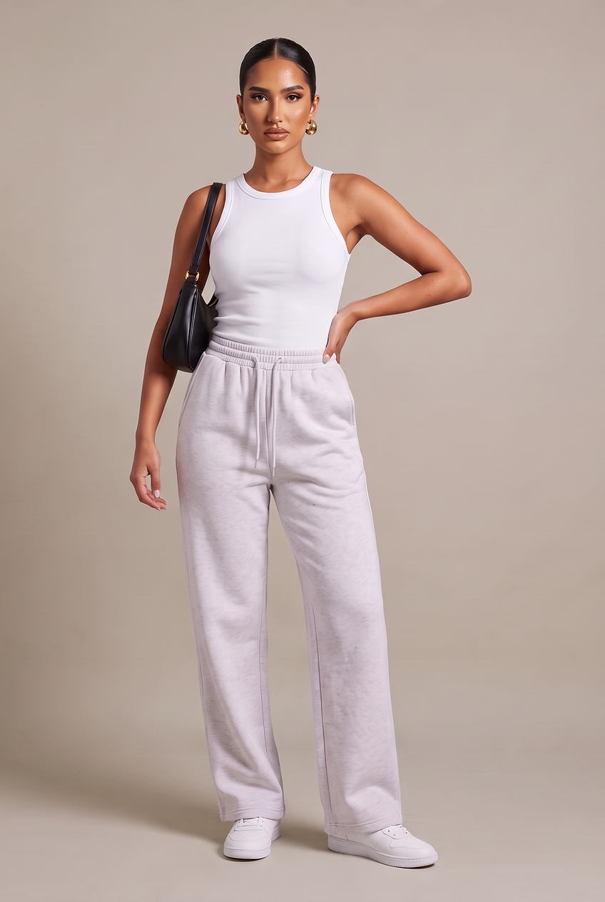 Kovelle wide leg joggers in light grey, front view on model