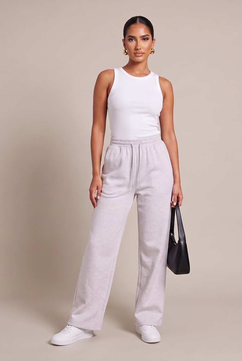 Kovelle wide leg joggers in light grey, full length on model